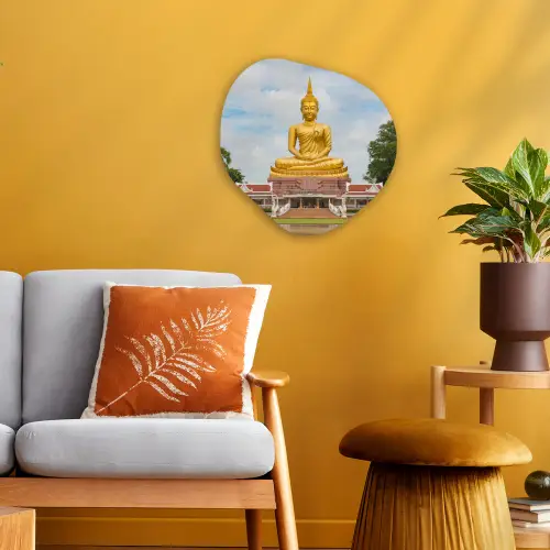 Boeddha - Buddha beeld - Goud - Religie Wandcirkel Organisch Forex 3mm klein -sfeer4