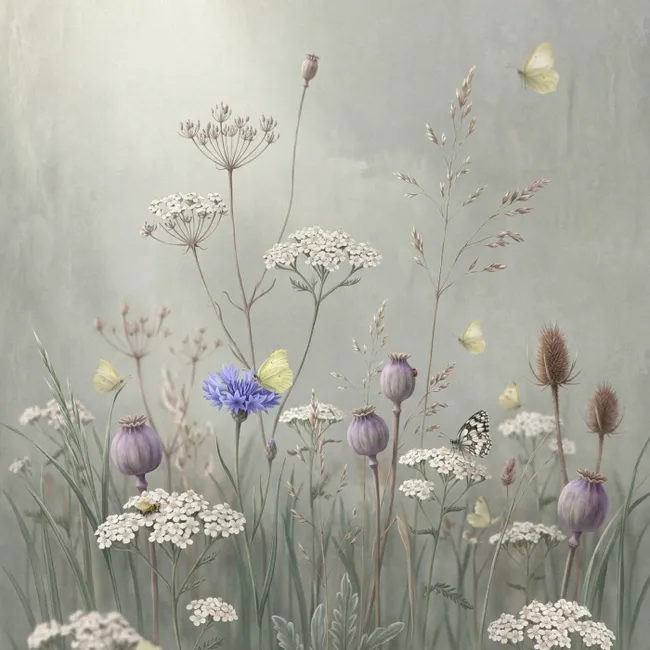 Behang - Vlinders - Wildbloemen - Illustratie - Kleurrijk
