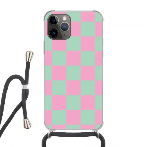 Schaakbord patroon - Groen - Roze - Blokjes Hoesje iPhone 12 Pro met koord klein -3d