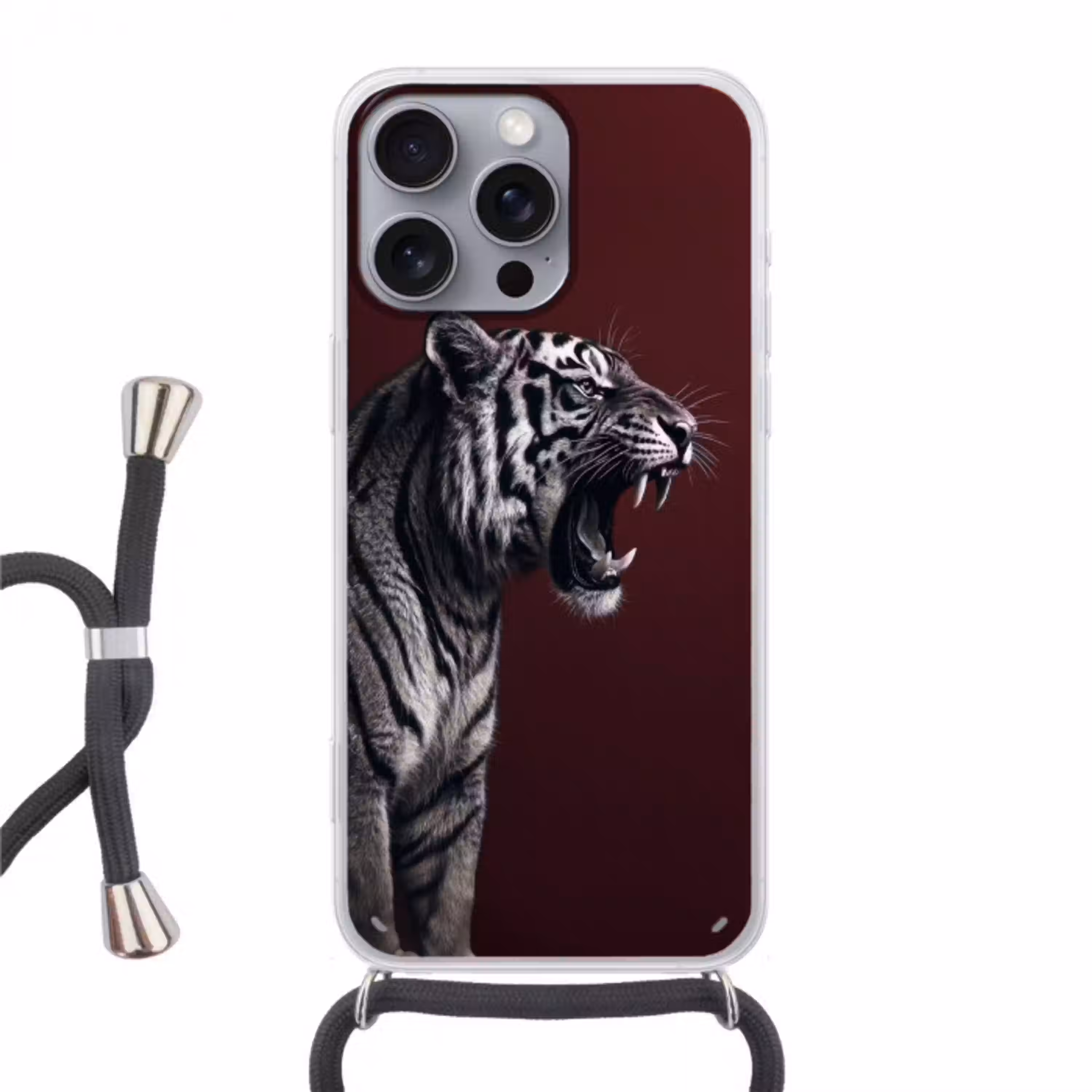 Tijger - Brult - Bordeaux Hoesje iPhone 16 Pro Max met koord klein -3d