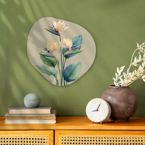 Paradijsvogelbloemen - Blauwgroene bladeren - Beige Wandcirkel Organisch Forex 3mm klein -sfeer2