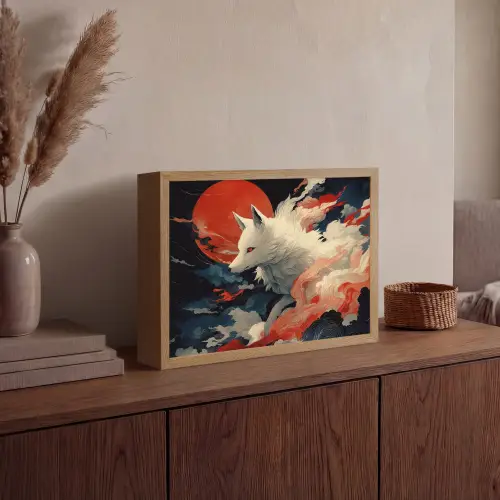 Witte vos - wolken - maan Light Box met batterij (Wandlamp) middel -sfeer2