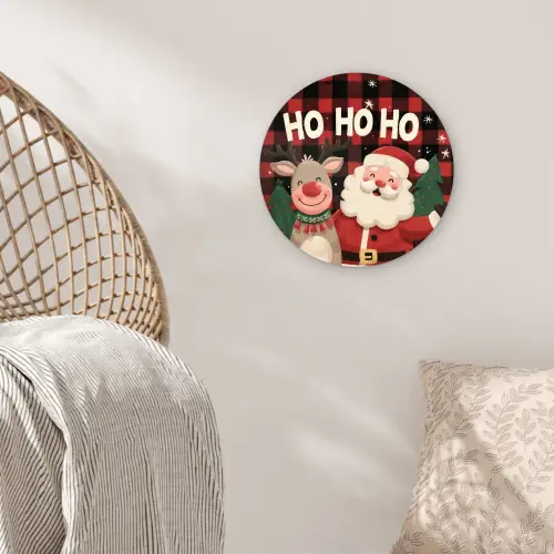 Kerstman - Rendier - Tekst - Rood - Zwart Wandcirkel kunststof plaat 5mm dik klein -sfeer5