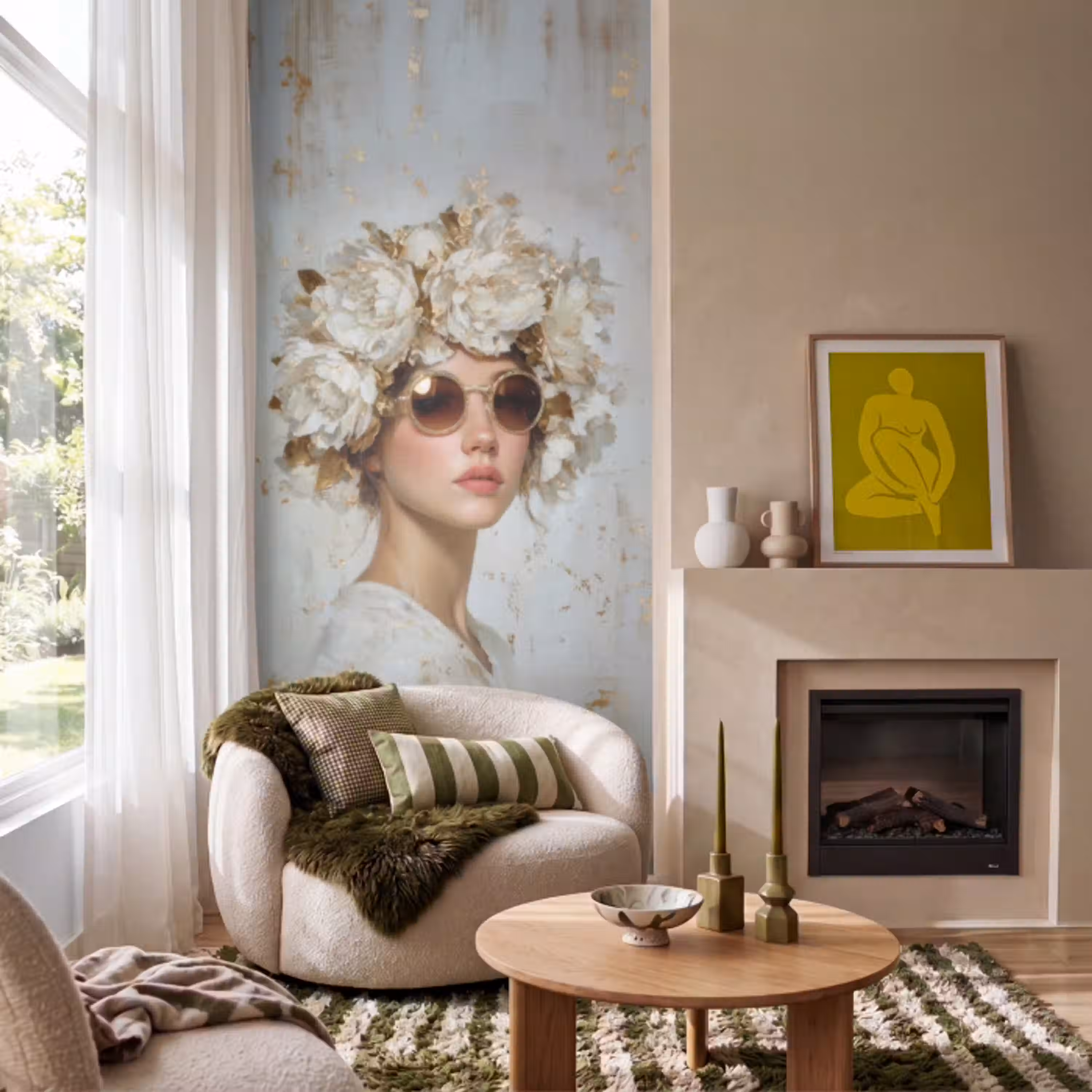 Schilderij - Vrouw - Zonnebril - Bloemenkrans Behang Vlies klein -sfeer2