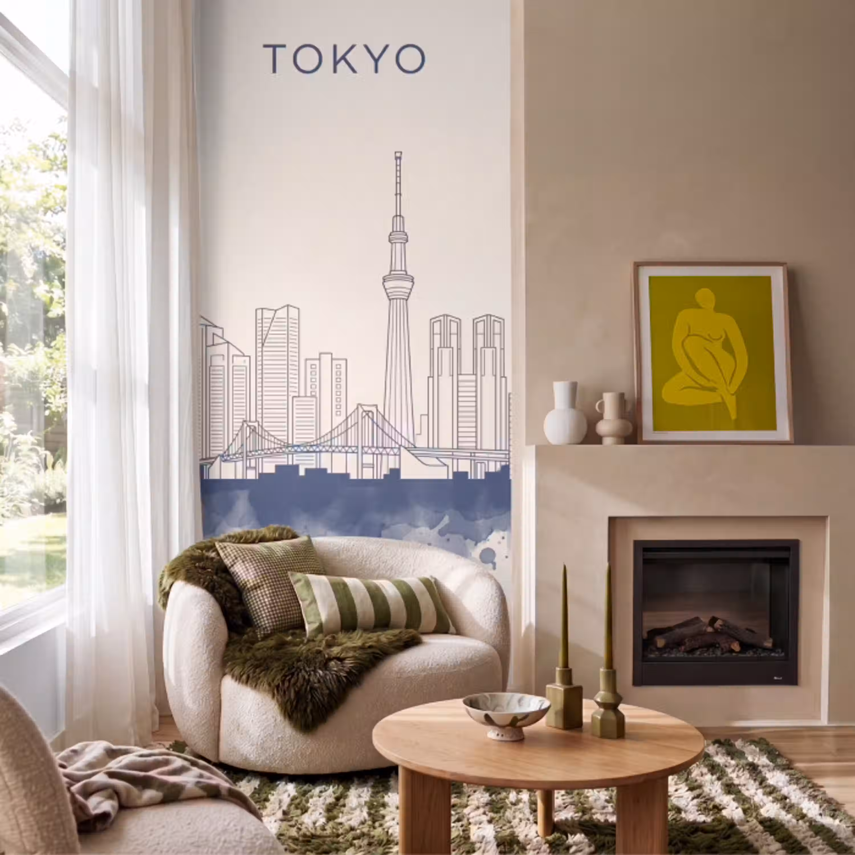 Tokyo - Skyline - Stad - Abstract - Blauw Behang Vlies klein -sfeer2