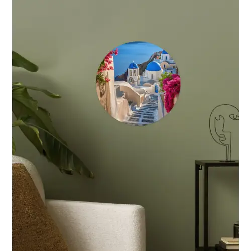 Santorini - Bloemen - Griekenland Wandcirkel behangsticker klein -sfeer2