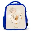 Jongen met een voetbal in beige kleuren Kinderrugzak - Blauw middel -3d