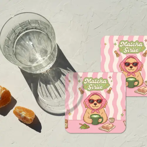 Matcha - Hond - Roze - Groen onderzetter kurk middel -sfeer4