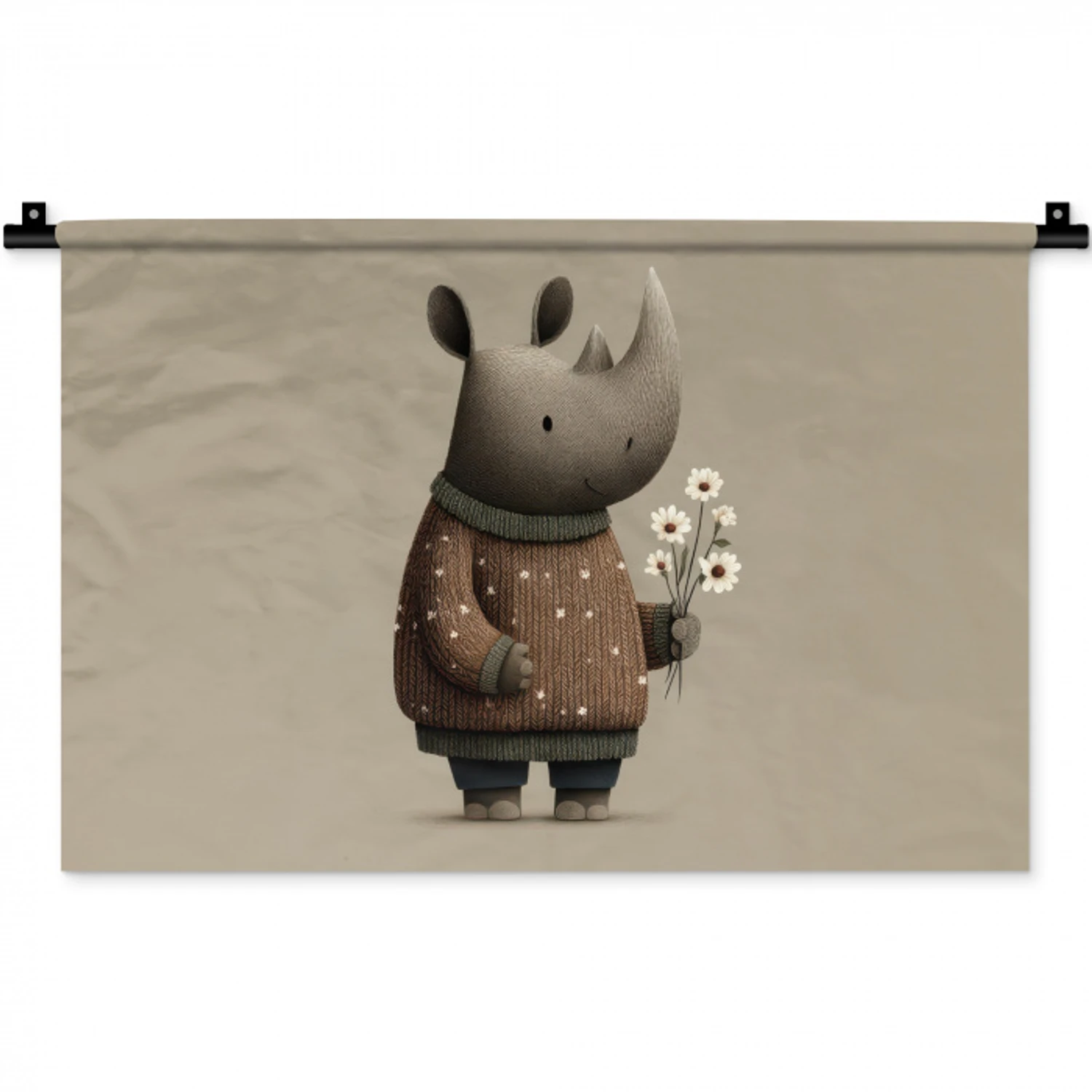 Neushoorn - Witte bloemen - Lief Wandkleed katoen klein -zz3d