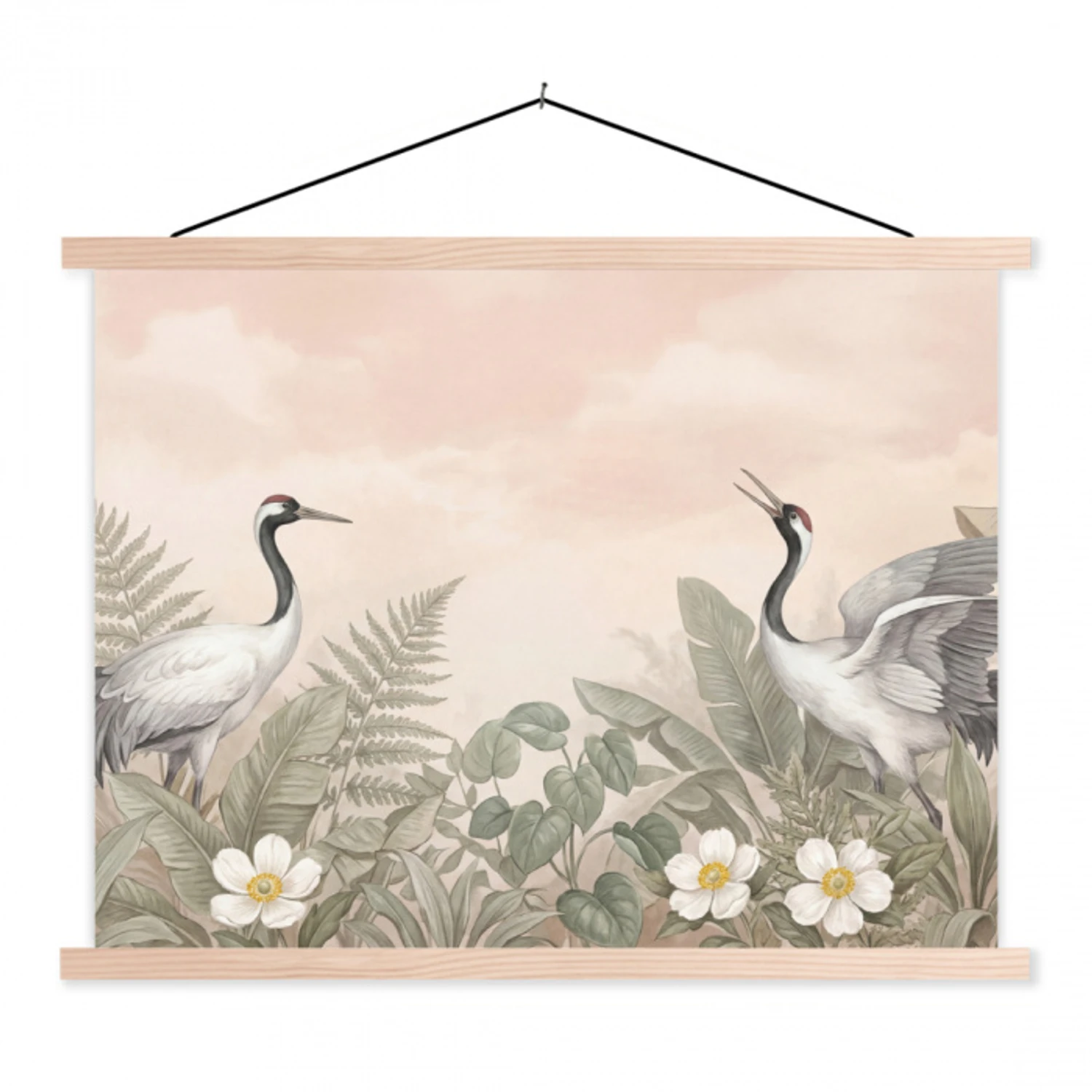 Kraanvogels - Natuur - Roze textielposter latten blank klein -3d
