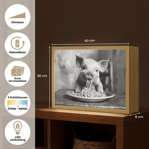 Varken - Schattig - Spaghetti - Zwart wit - Dier Light Box met batterij (Wandlamp) middel -USP_websiteoverzichtNL