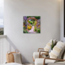 Doorkijk - Bloemen - Pad - Natuur Tuinposter op houten frame 2 cm dik middel -sfeer1