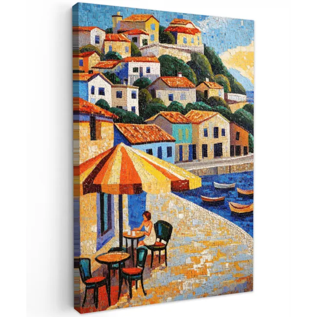 Kustdorp - Huisjes - Mozaïek - Zee Tuinposter op houten frame 2 cm dik klein -3d