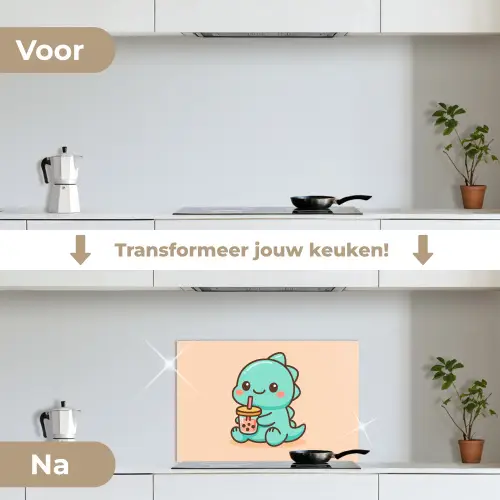 Dino - Boba - kawaii - Oranje keuken achterwand spatscherm klein -voor_na_NL