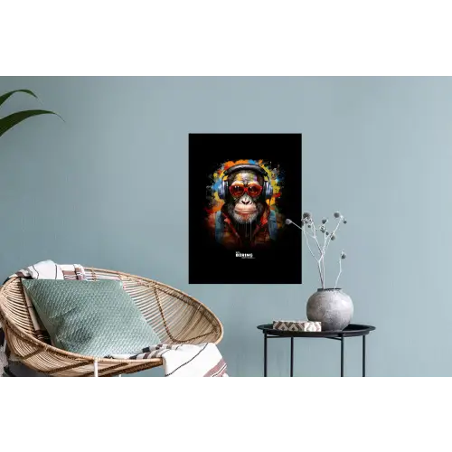 Chimpansee met koptelefoon en graffiti-spray Muursticker klein -plant