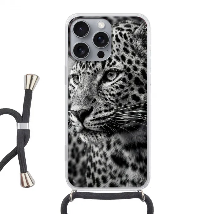Luipaard - Zwart - Wit - Oog Hoesje iPhone 16 Pro Max met koord klein -3d