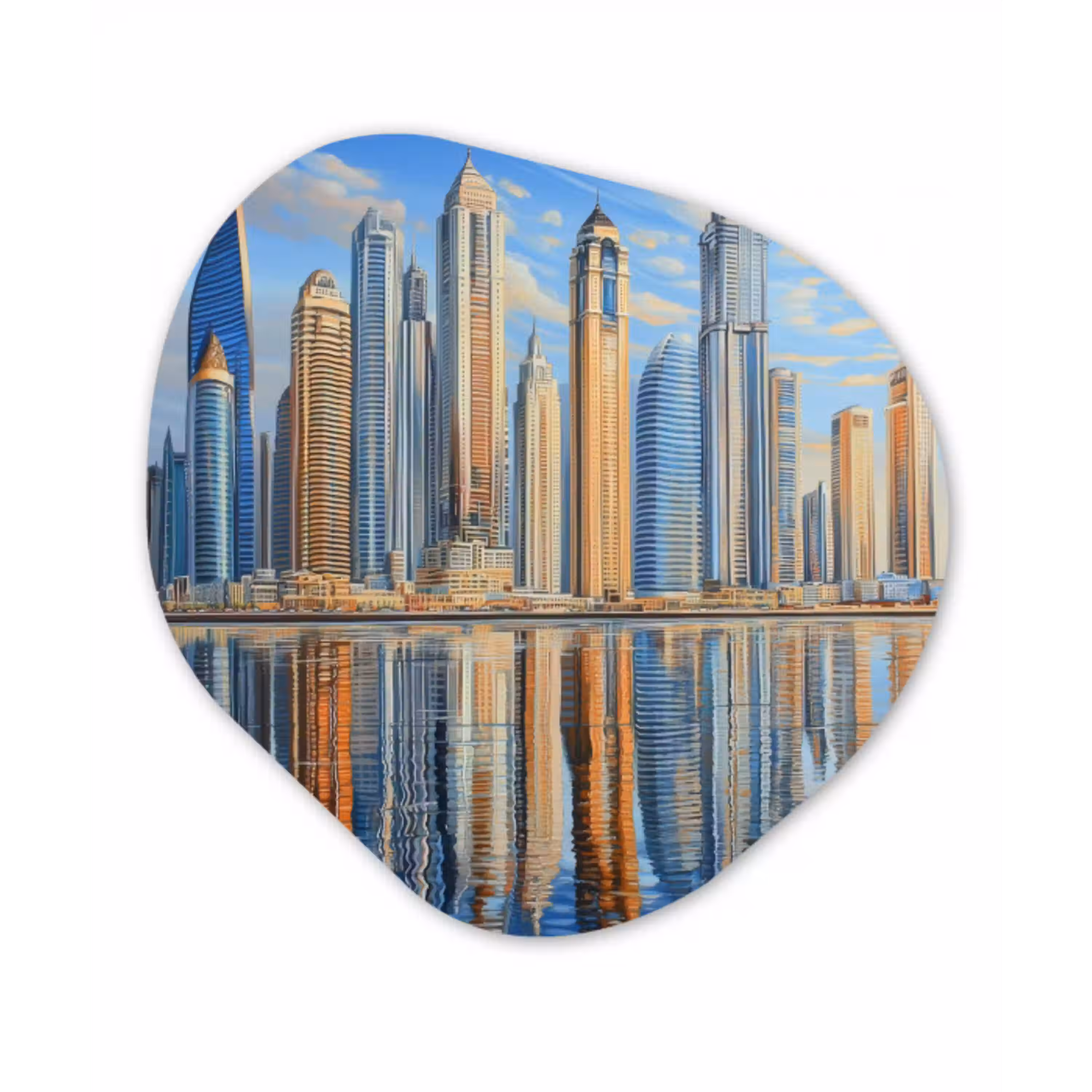 Skyline - Wolkenkrabbers - Water - Blauw Wandcirkel Organisch Aluminium middel -3d