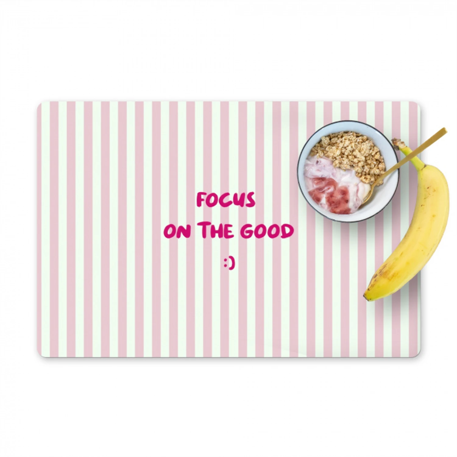 Focus on the good - Strepen - Roze - Smiley Placemat vinyl groot -zzzproduct_Kitchenyeah-website