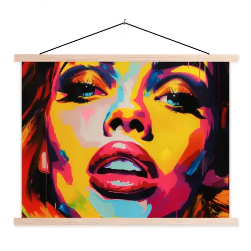 Vrouw - Gezicht - Kleurrijk textielposter latten blank klein -3d