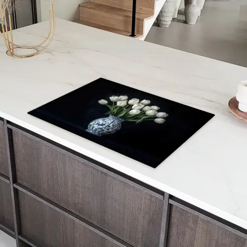 Wit - Bloemen - Tulpen - Vaas Inductie beschermer vinyl 3mm klein -sfeer8