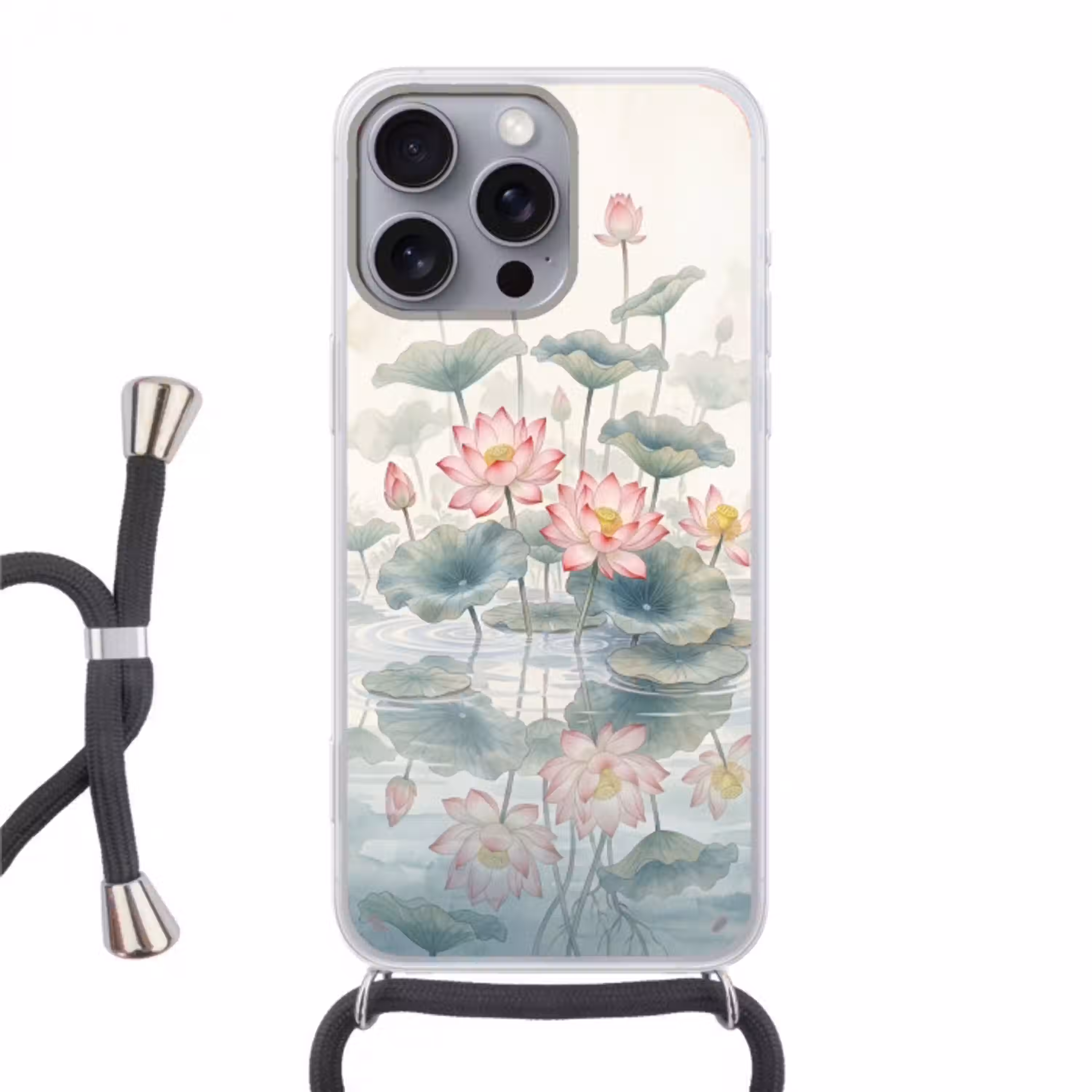 Aquarel - Lotusbloemen - Kleurrijk Hoesje iPhone 16 Pro Max met koord klein -3d