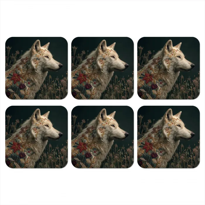 Wolf - Bloemen - Natuur onderzetter kurk middel -3d