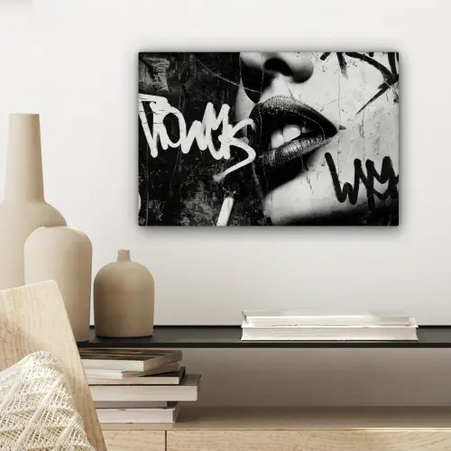 Gezicht - Mond - Graffiti - Zwart canvas 2cm klein -sfeer6