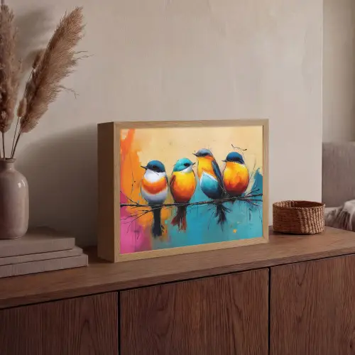 Vogels - Kleurrijk - Tak - Abstract Light Box met batterij (Wandlamp) middel -sfeer2