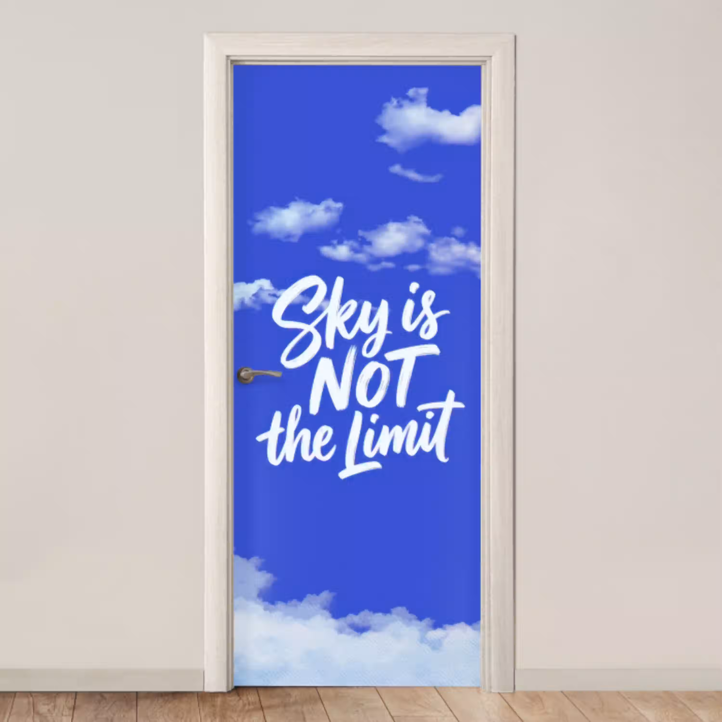 Sky is not the limit - Blauwe lucht - Wolken deurposter klein -3d_beige