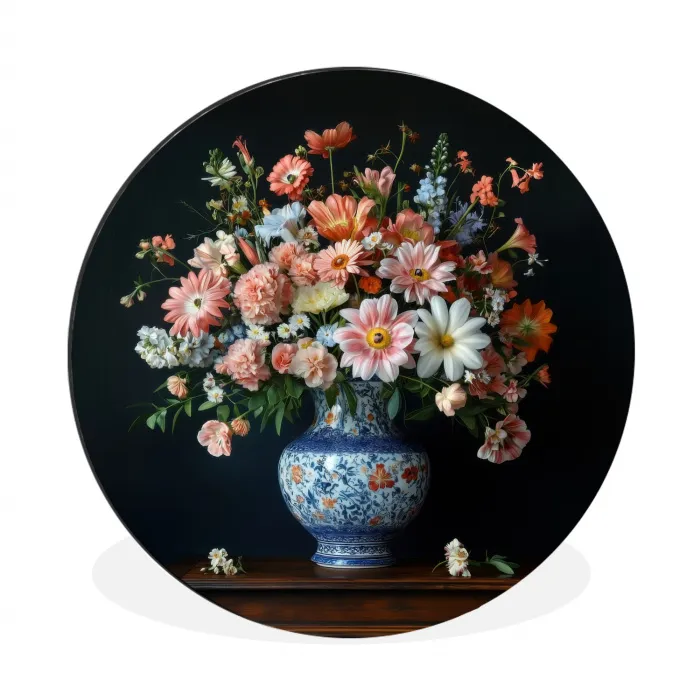 Hout - Vaas - Kleuren - Bloemen Wandcirkel aluminium klein -3d