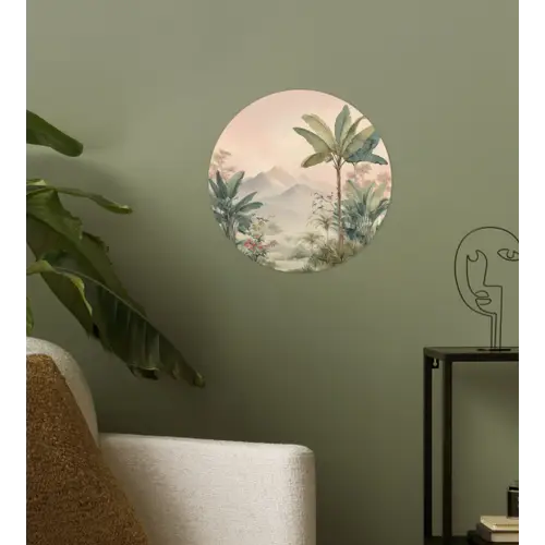 Tropisch landschap - palmbomen - Bloemen - Roze lucht Wandcirkel behangsticker klein -sfeer2