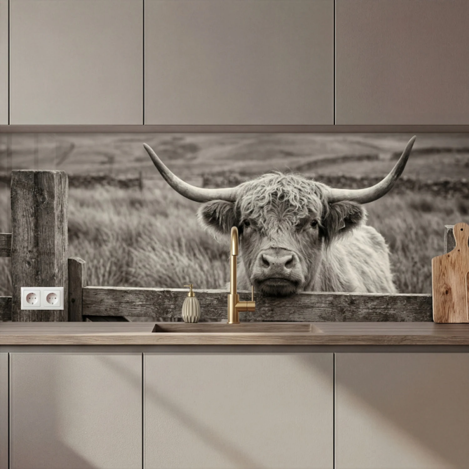 Schotse hooglander - Zwart - Wit - Hout keuken achterwand 2 middel zz_3dshopping