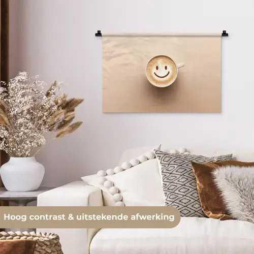Koffie - Melkschuim - Lach - Beige Wandkleed katoen klein -sfeer1