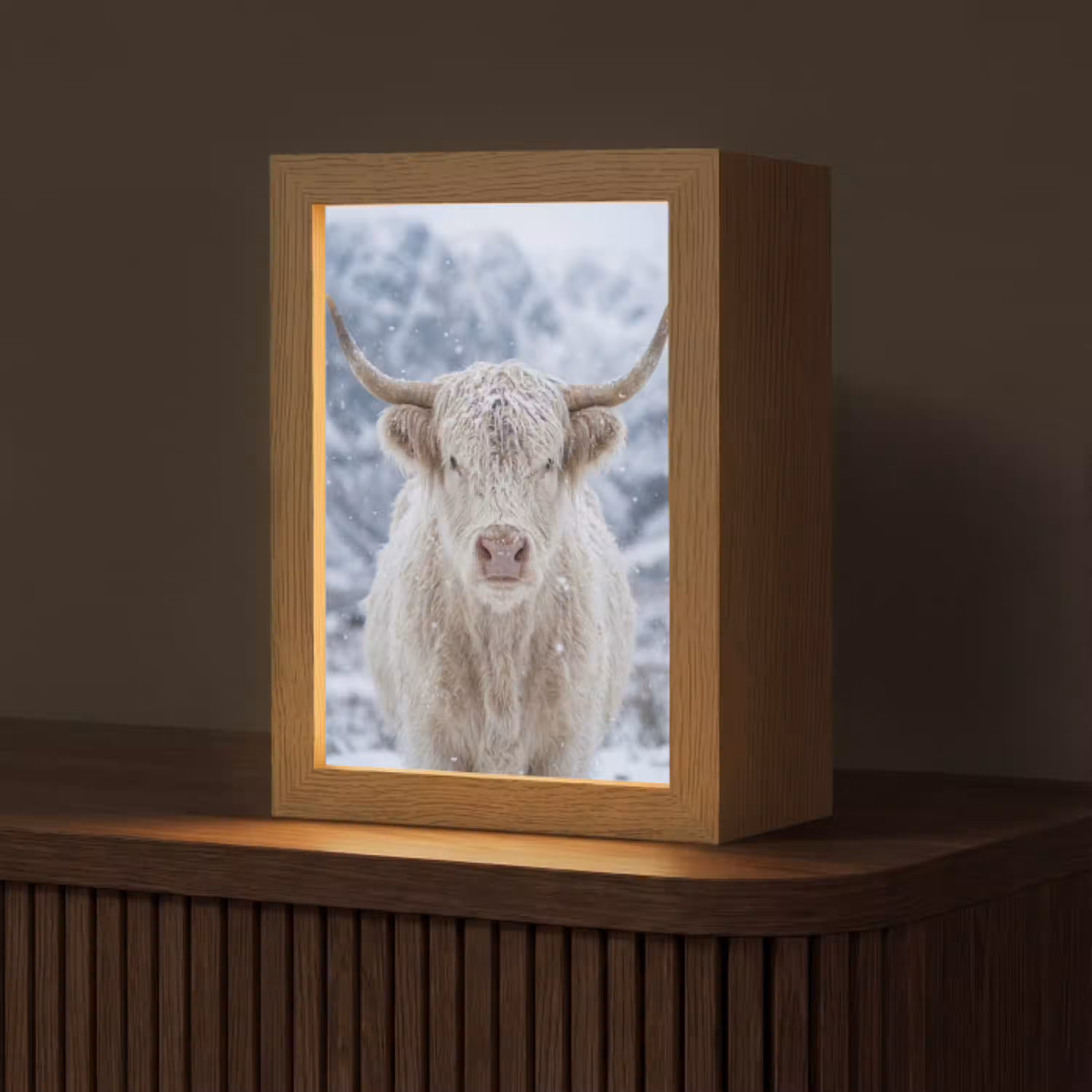 Schotse Hooglander - Sneeuw - Bergen - Winter Light Box met kabel (Tafellamp) klein -z3d_website