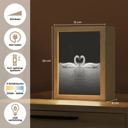 Zwanen - Hart - Zwart - Wit Light Box met kabel (Tafellamp) klein -USP_NL