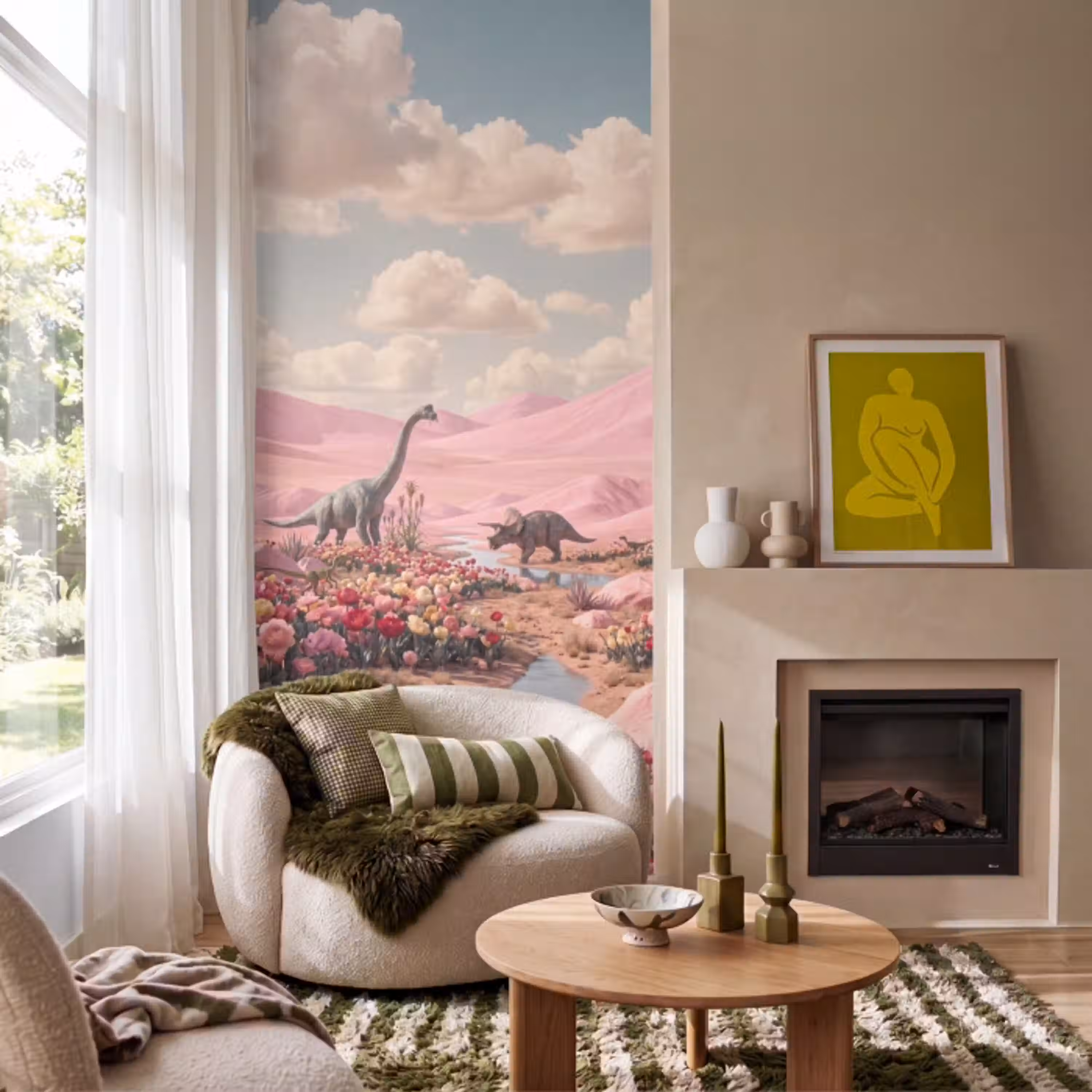 Dinosaurus - Roze - Landschap Behang Vlies klein -sfeer2