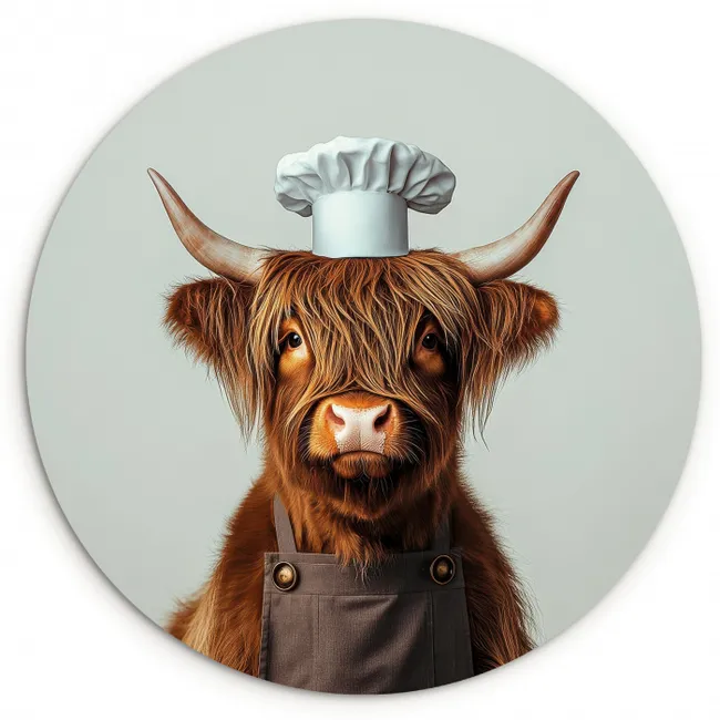 Schotse Hooglander - Bruin - Hoorns - Kokskleding KitchenYeah - Keuken - Wandcirkel Forex klein -3d