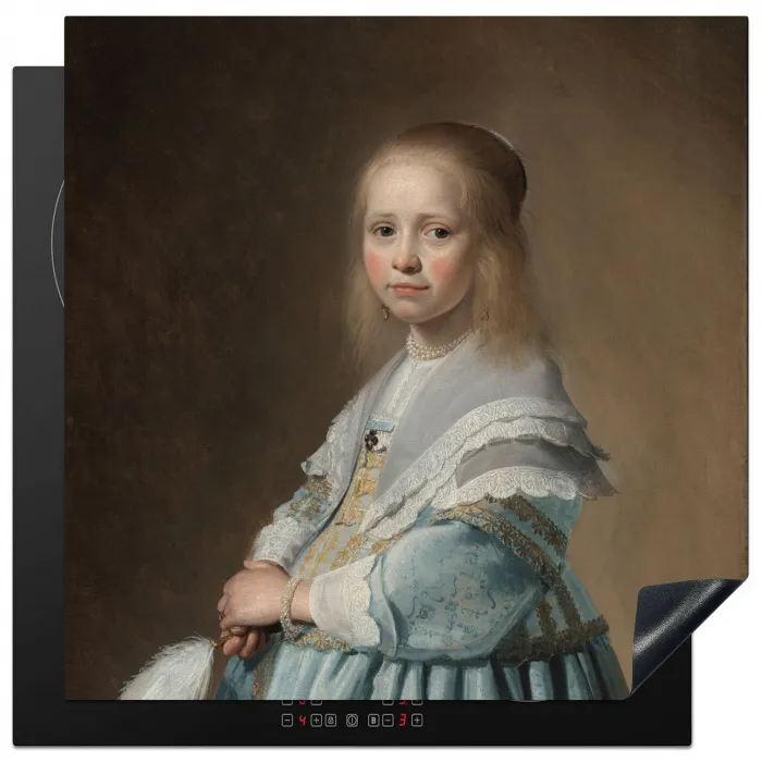 Portret van een meisje in het blauw - Schilderij van Johannes Cornelisz. Verspronck Inductie beschermer vinyl 3mm middel -3d