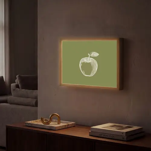 Lijntekening - Appel - Olijfgroen - Blaadje Light Box met batterij (Wandlamp) middel -sfeer1