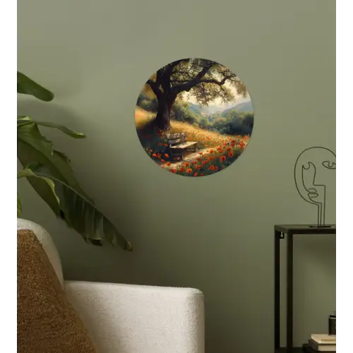 Bankje - Boom - Klaprozen - Heuvels Wandcirkel behangsticker klein -sfeer2