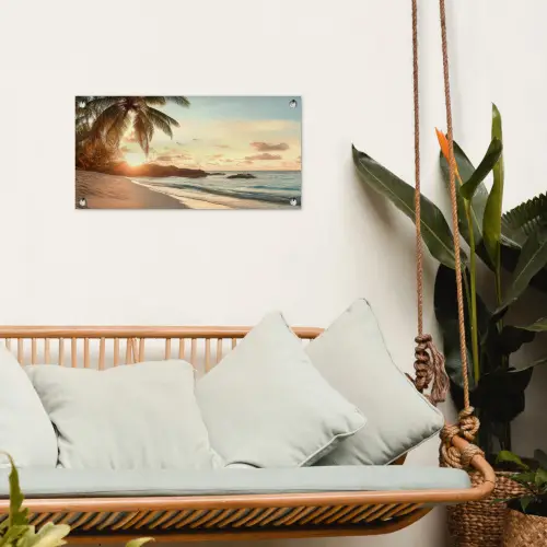 Strand - Palmbomen - Oceaan - Zonsondergang tuinposter los doek klein -sfeer7