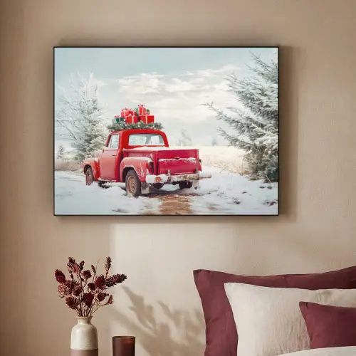 Auto - Rood - Cadeaus - Winter - Sneeuw - Kerst Textielframe - compleet frame klein -sfeer1