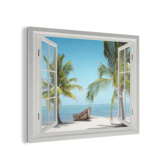 Doorkijk - Strand - Palmboom - Boot - Tropisch - Zee - Blauw PET vilt klein -3d