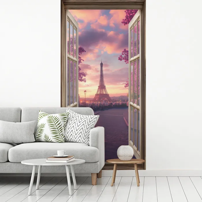 Doorkijk - Parijs - Eiffeltoren - Roze - Kersenbloesem fotobehang vinyl groot -woonkamer