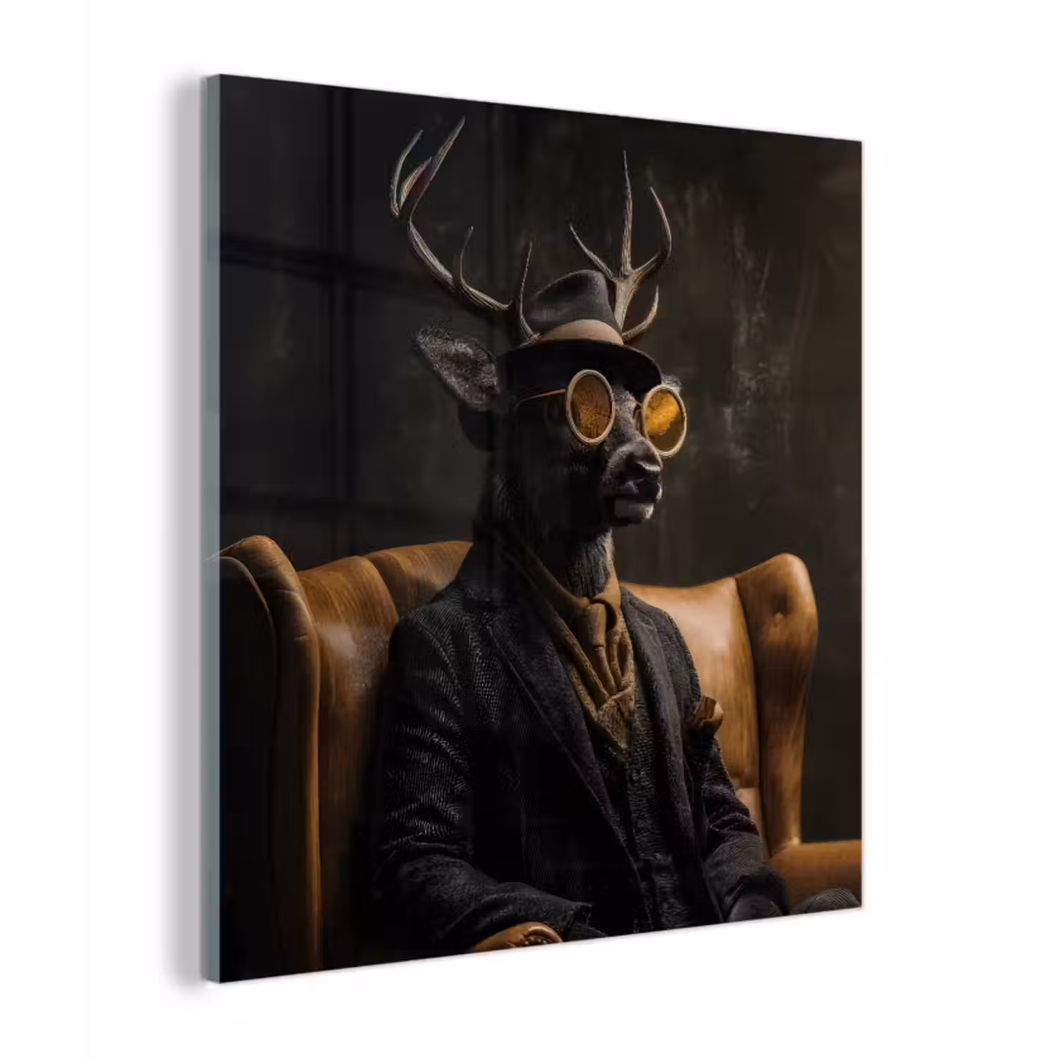 Glas schilderij - Hert - Zonnebril - Zwart - Pak