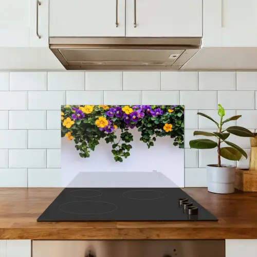 Bloemen - Muur - Geel - Paars keuken achterwand spatscherm klein -sfeer2