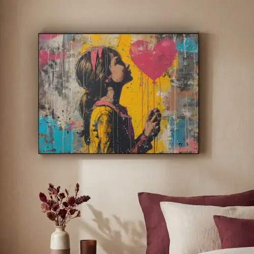 Graffiti - Meisje - Ballon - Street art Textielframe - compleet frame klein -sfeer1