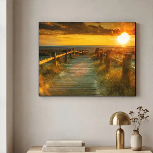 Zon - Strand - Duin - Horizon - Gras - Pad - Oranje Textielframe zwart klein -sfeer2