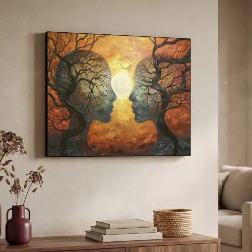 Bomen - Gezichten - Zon - Kunst Textielframe zwart klein -sfeer3