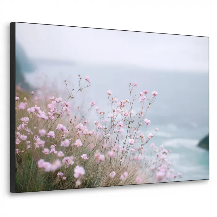 Klif - Bloemen - Zee - Roze Textielframe zwart klein -3d